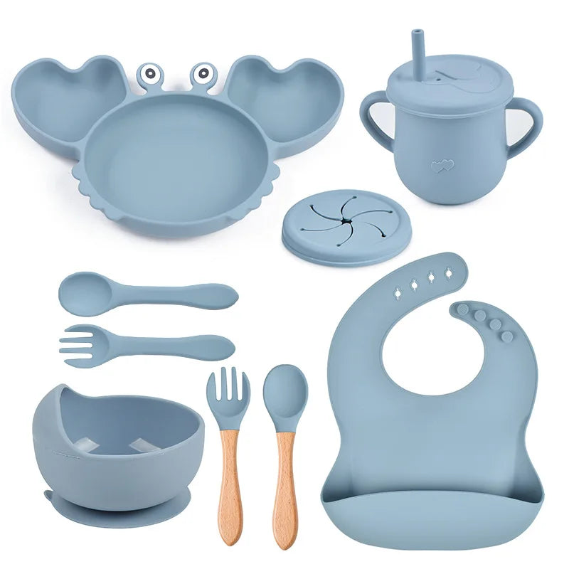 9Pcs Silicone Baby Feeding Set Dishwasher Safe Suction Bowl Bib Plate Spoon Cup (BPA Free) - LittleOzKid