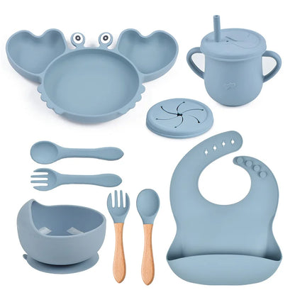 9Pcs Silicone Baby Feeding Set Dishwasher Safe Suction Bowl Bib Plate Spoon Cup (BPA Free) - LittleOzKid