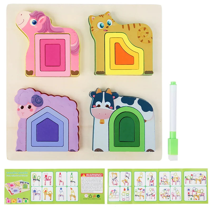 Montessori Wooden Animal Jigsaw Puzzle, Hand Grasping, Shape Sorting and Sensory Toy