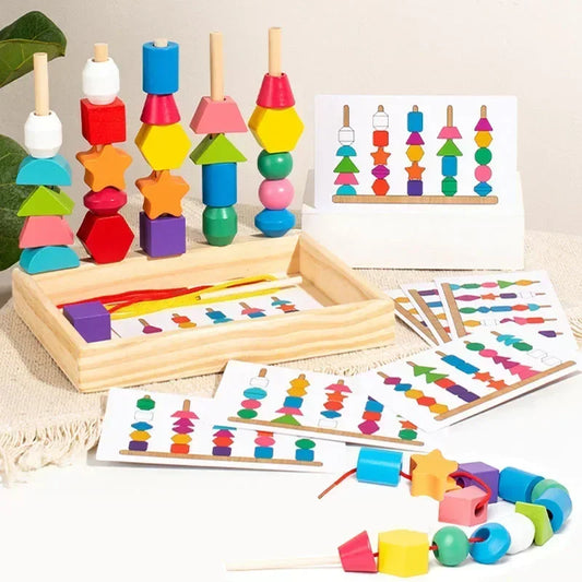 5-in-1 Montessori Wooden Pillar Toy Set – Color, Shape, Sorting & Beading Educational Game for Kids