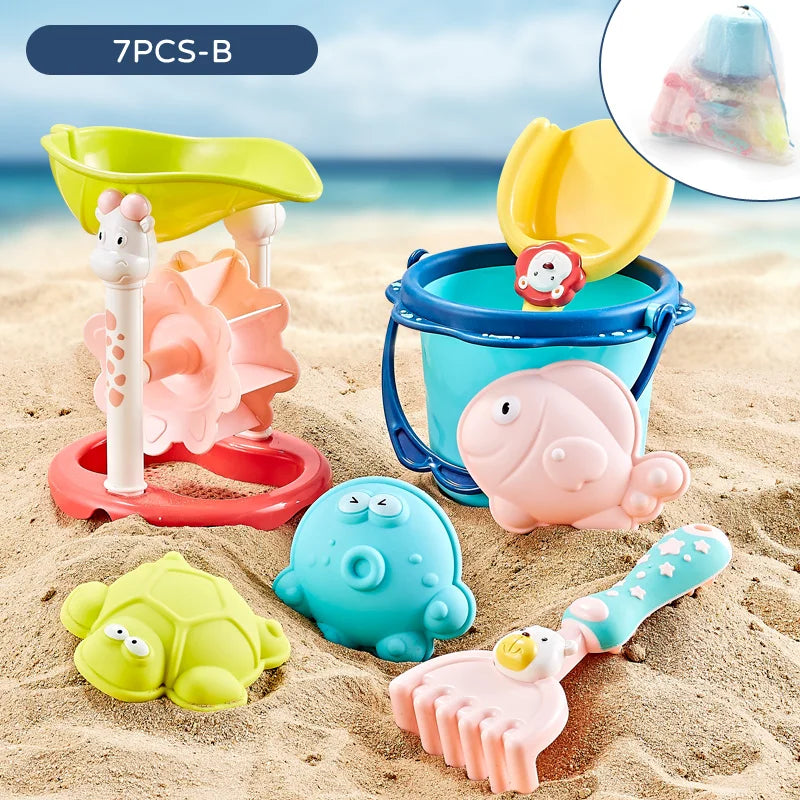 7 Piece Silicone Beach Toys, Summer Water Play Set Kids Toy with Shovel Sand Moulds - LittleOzKid