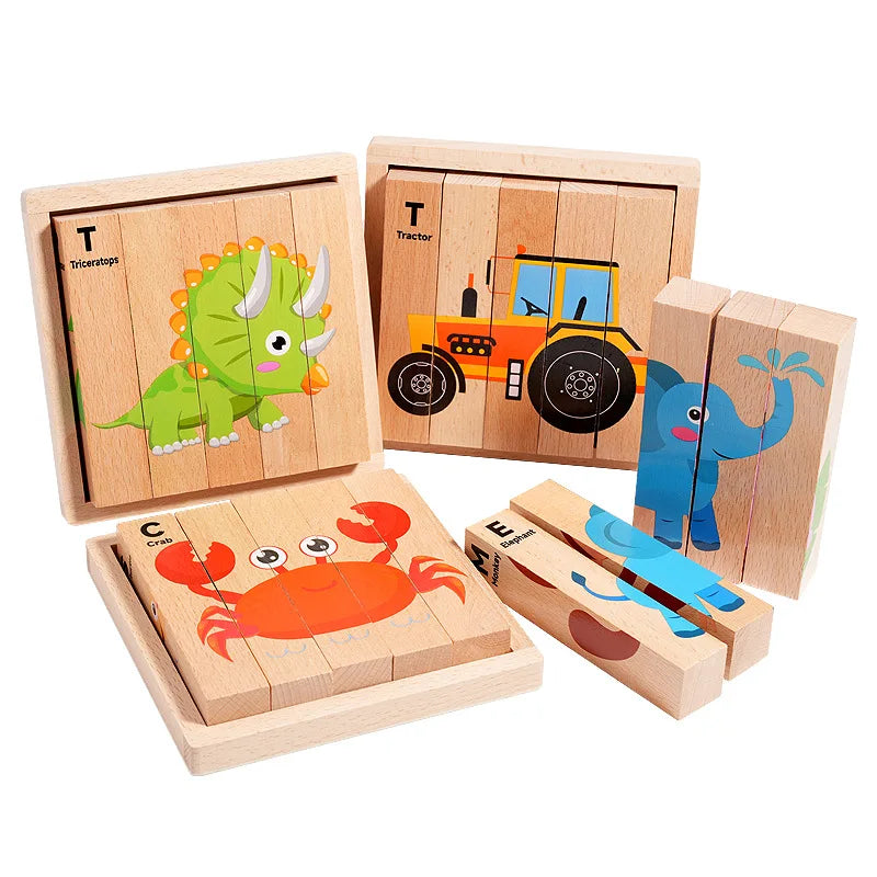 4-in-1 Mntessori 3D Wooden Animal & Transport Block Puzzle