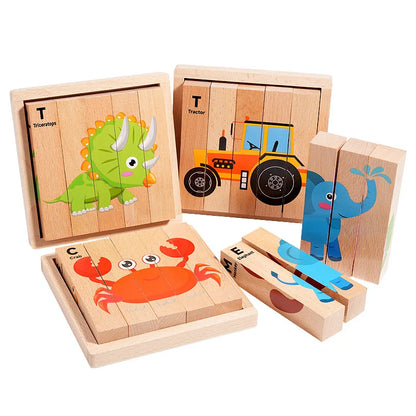 4-in-1 Mntessori 3D Wooden Animal & Transport Block Puzzle