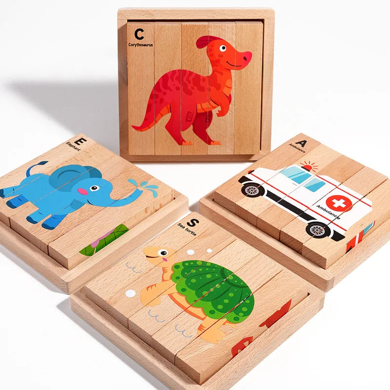 4-in-1 Mntessori 3D Wooden Animal & Transport Block Puzzle
