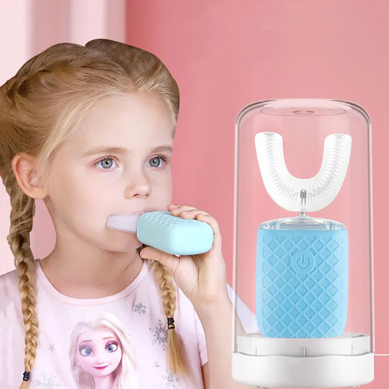 Waterproof Sensory Children's U-shaped Electric Toothbrush, 360° Silicon Toothbrush USB Charging with Blue Light for Kids