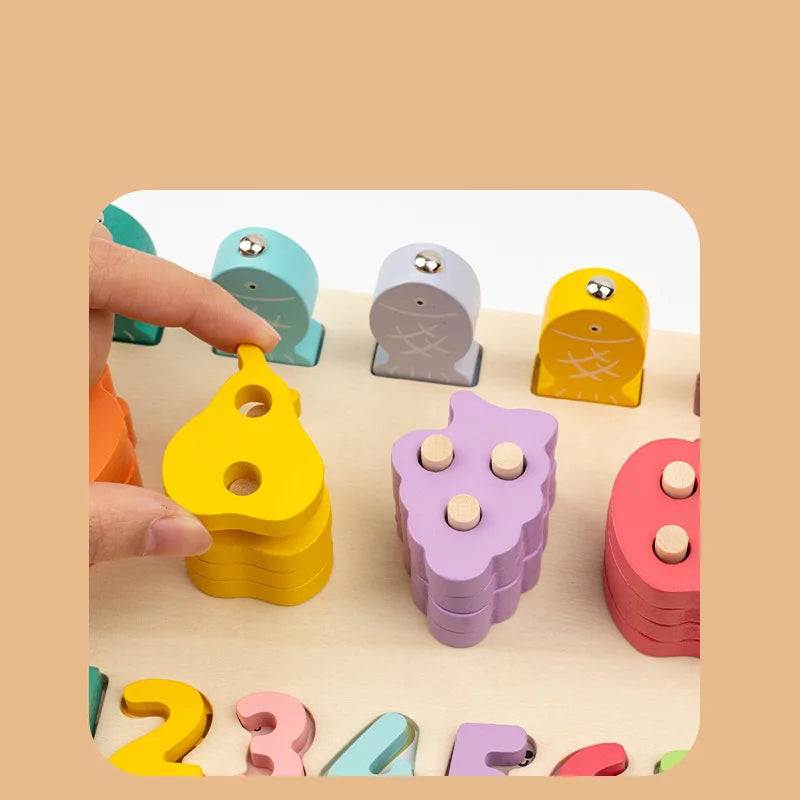 Montessori Kids’ Wooden Cognitive Play Board – Counting, Shapes, Colors & Fishing Game