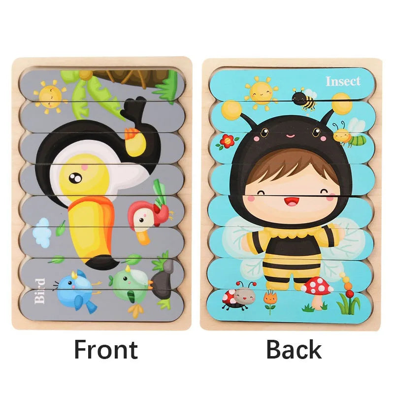 Montessori Cartoon Animal Double-Sided Wooden Strip Puzzle – (Buy 3 for $49)