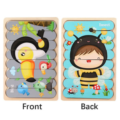 Montessori Cartoon Animal Double-Sided Wooden Strip Puzzle – (Buy 3 for $49)
