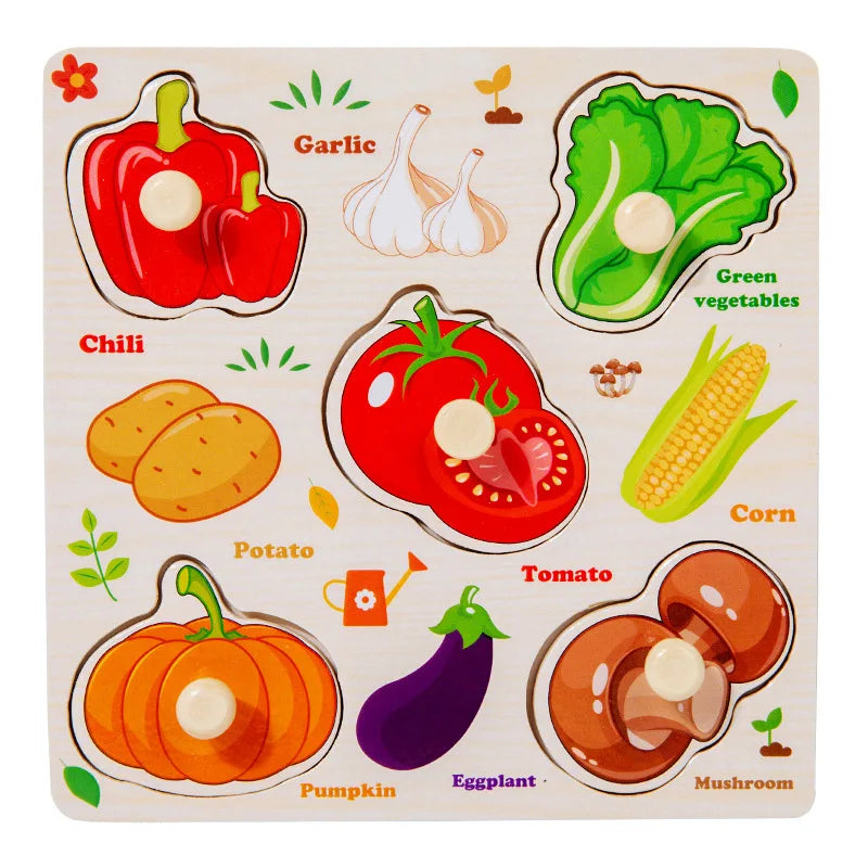 Wooden Fruits & Vegetables Jigsaw Puzzle, Montessori Toys, Hand Grab and Educational Learning Toy for Kids