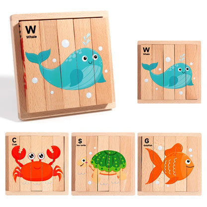 4-in-1 Mntessori 3D Wooden Animal & Transport Block Puzzle