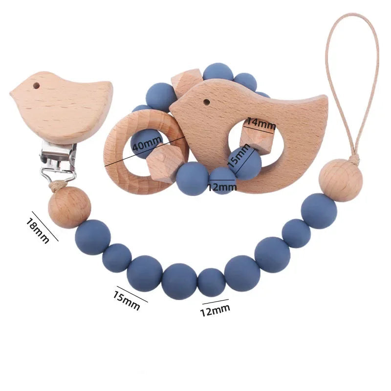 2Pcs Baby Pacifier Clip Wooden Teethers Bracelet Set, Teething Toy Anti-lost Chain
