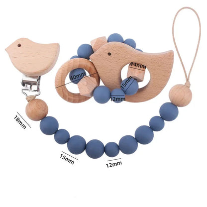 2Pcs Baby Pacifier Clip Wooden Teethers Bracelet Set, Teething Toy Anti-lost Chain
