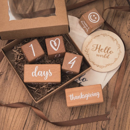 Set of Baby Month Milestone Card Beech Block ,Newborn Birthday Month Milestones Block