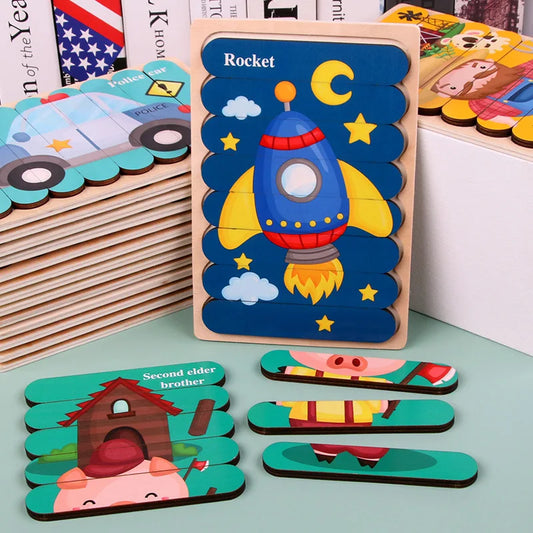 Double-Sided Wooden Word Strip Puzzle, Animal & Vehicle Montessori Matching Game (Buy 3 for $64)