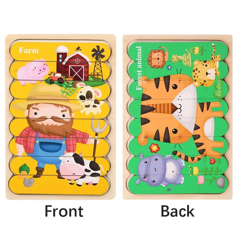 Montessori Cartoon Animal Double-Sided Wooden Strip Puzzle – (Buy 3 for $49)