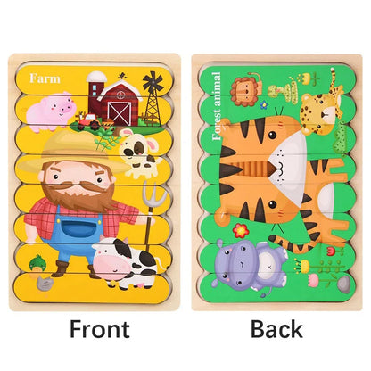 Montessori Cartoon Animal Double-Sided Wooden Strip Puzzle – (Buy 3 for $49)