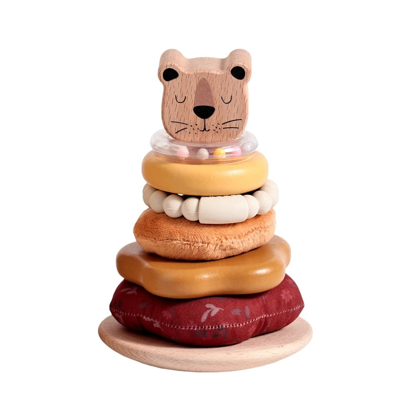 Montessori Wooden Stacking Pole Toy, Sensory Building Game with Soft Cotton Teether & Rattle