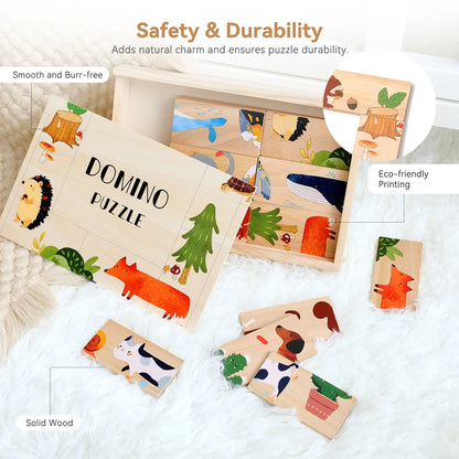 Wooden Cartoon Animal Domino & Puzzle Stack Blocks – Educational Montessori Toy