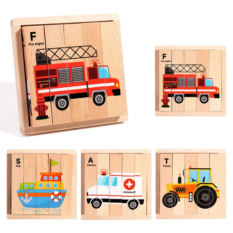 4-in-1 Mntessori 3D Wooden Animal & Transport Block Puzzle