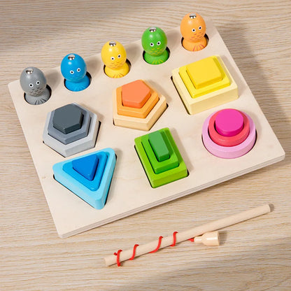 Montessori Magnetic Fishing Learning Educational Toys, Wooden Sorting Color Stacking Toys