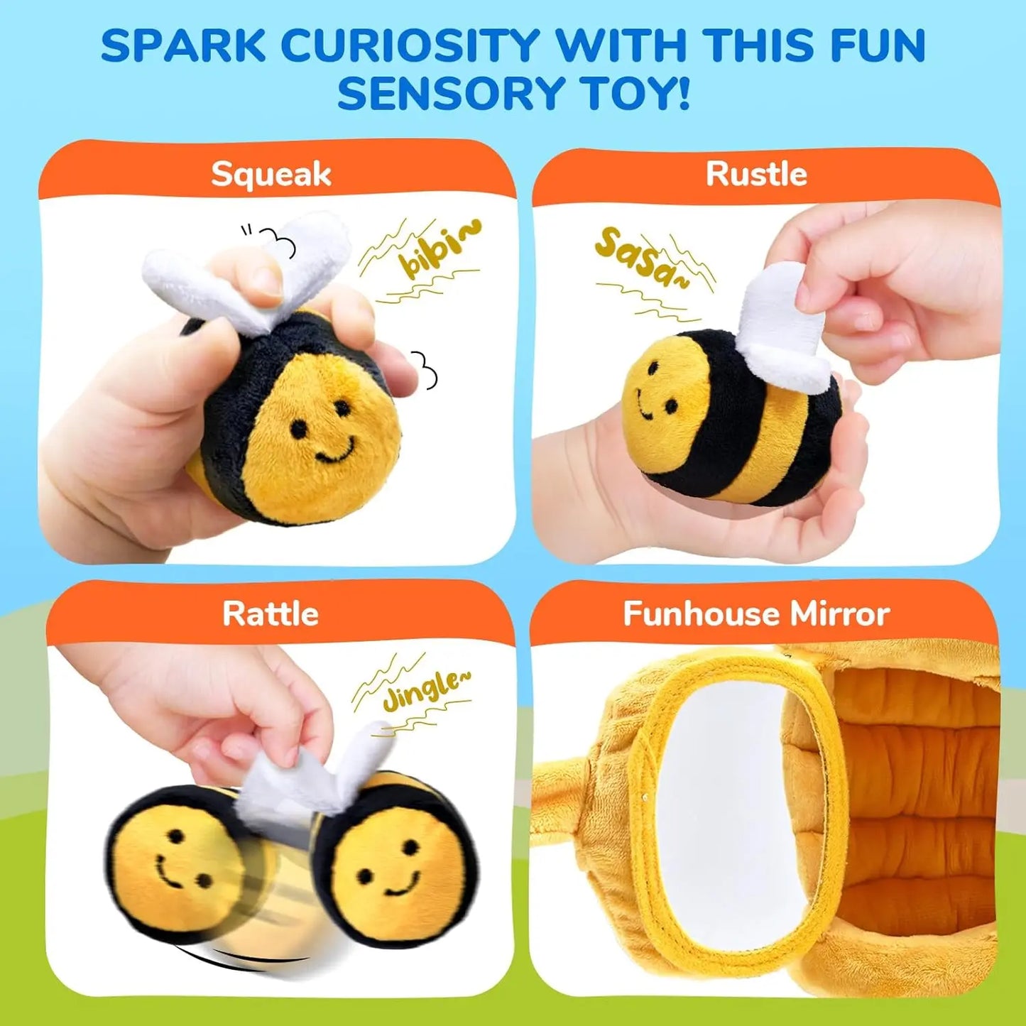 Montessori Busy Beehive Plush Toy – Soft Sensory Baby Toy with Rattle, Mirror, Crinkle & Squeaker Bees
