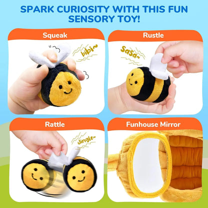 Montessori Busy Beehive Plush Toy – Soft Sensory Baby Toy with Rattle, Mirror, Crinkle & Squeaker Bees