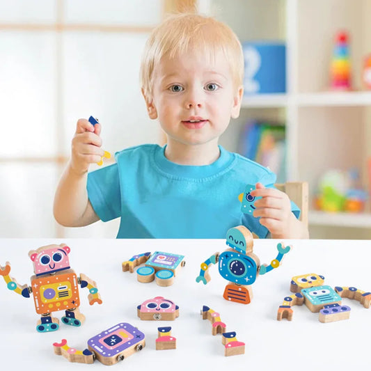 Montessori Wooden Robot Building Block Set for Creative Kids