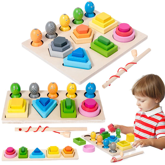 Montessori Magnetic Fishing Learning Educational Toys, Wooden Sorting Color Stacking Toys