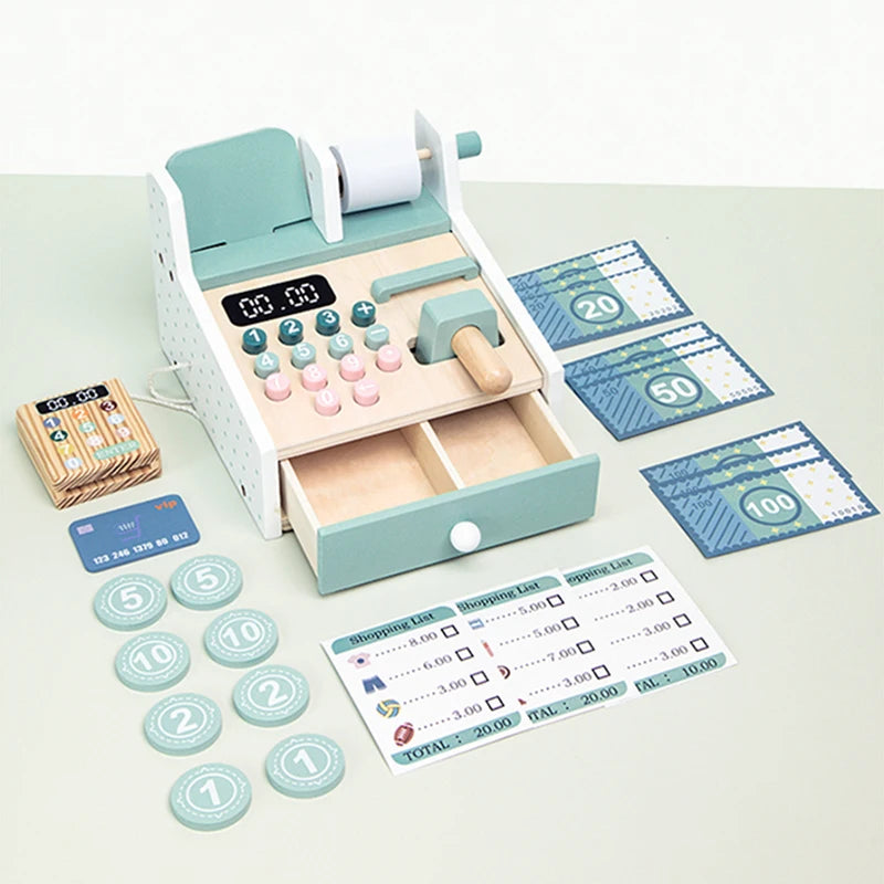 Montessori Kids Wooden Simulation Supermarket Checkout & Cash Register