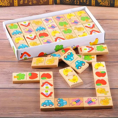 Wooden Animal & Fruit Domino Puzzle – Montessori Educational Stacking & Cognitive Learning Toy for Kids
