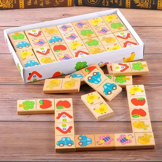 Wooden Animal & Fruit Domino Puzzle – Montessori Educational Stacking & Cognitive Learning Toy for Kids