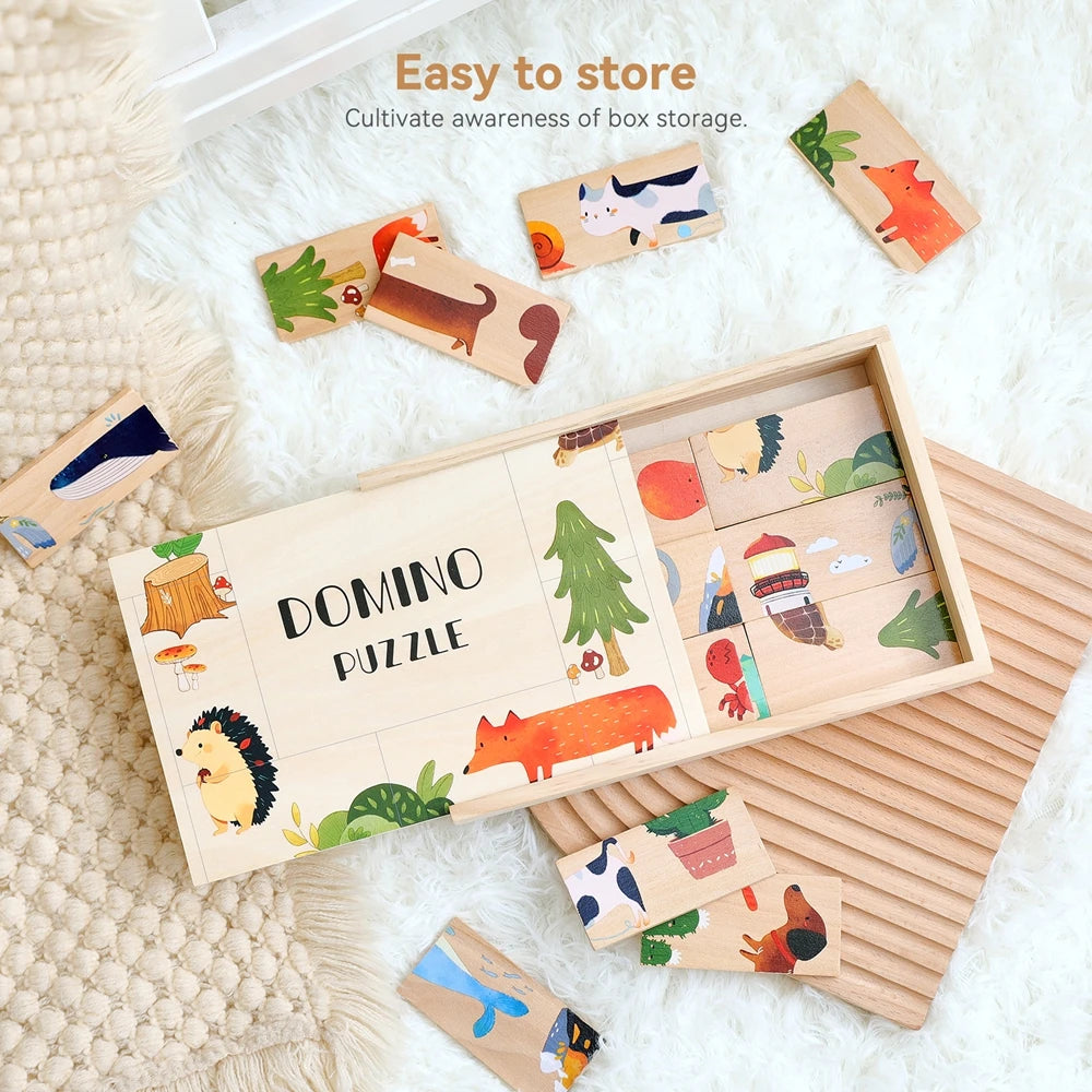 Wooden Cartoon Animal Domino & Puzzle Stack Blocks – Educational Montessori Toy