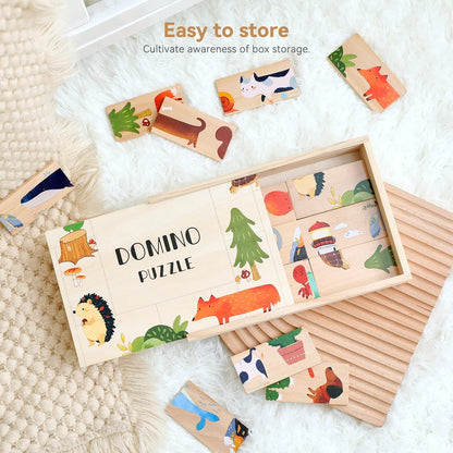 Wooden Cartoon Animal Domino & Puzzle Stack Blocks – Educational Montessori Toy
