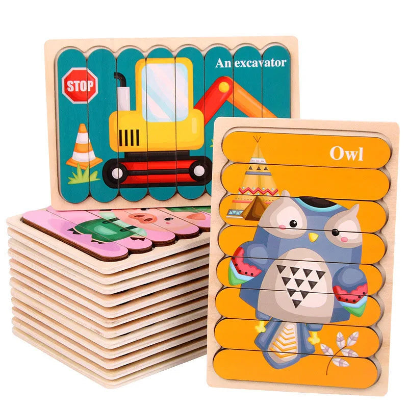 Montessori Cartoon Animal Double-Sided Wooden Strip Puzzle – (Buy 3 for $49)