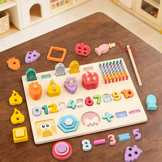 Montessori Kids’ Wooden Cognitive Play Board – Counting, Shapes, Colors & Fishing Game
