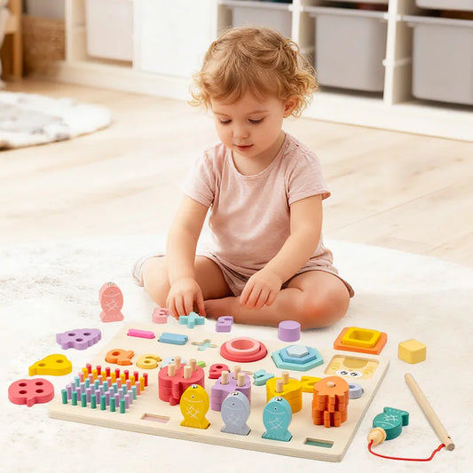 Montessori Kids’ Wooden Cognitive Play Board – Counting, Shapes, Colors & Fishing Game