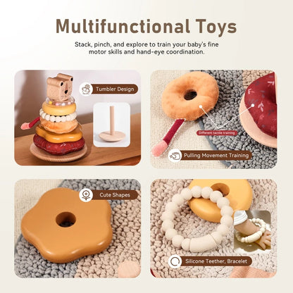 Montessori Wooden Stacking Pole Toy, Sensory Building Game with Soft Cotton Teether & Rattle