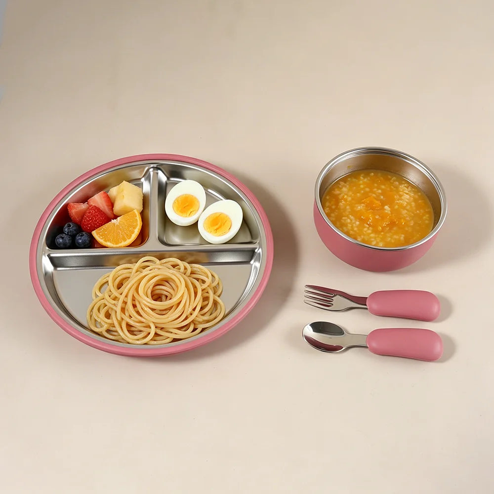 4PCS Stainless Steel Baby Feeding Set with Silicone Bowl