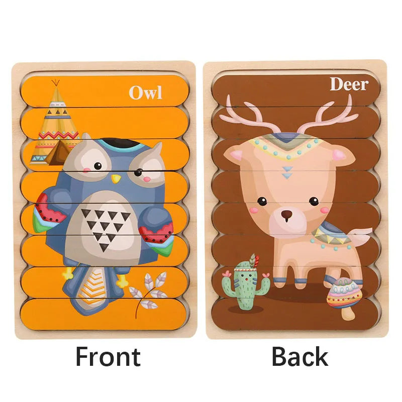 Montessori Cartoon Animal Double-Sided Wooden Strip Puzzle – (Buy 3 for $49)