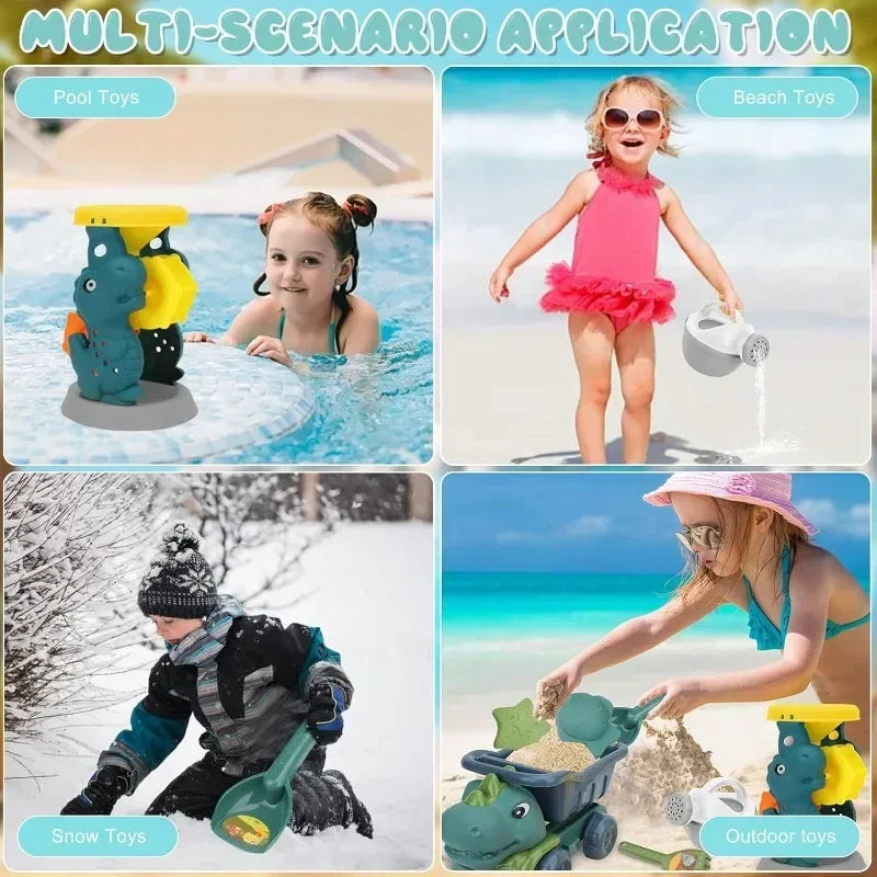 Dinosaur Beach Toy Car & Shovel Set, Sand Toys with Hourglass Dredger Fun Beach Activity