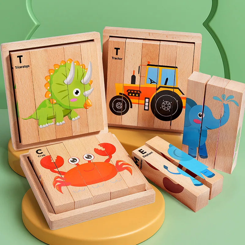 4-in-1 Mntessori 3D Wooden Animal & Transport Block Puzzle