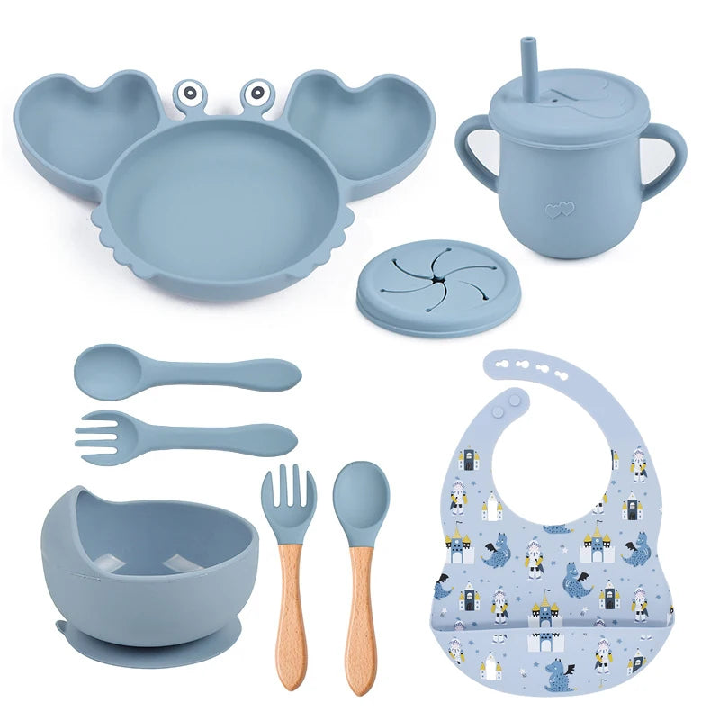 9Pcs Silicone Baby Feeding Set Dishwasher Safe Suction Bowl Bib Plate Spoon Cup (BPA Free) - LittleOzKid