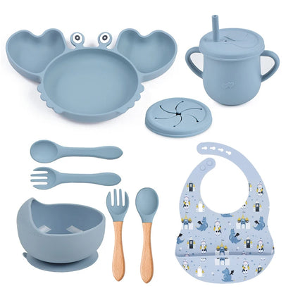 9Pcs Silicone Baby Feeding Set Dishwasher Safe Suction Bowl Bib Plate Spoon Cup (BPA Free) - LittleOzKid