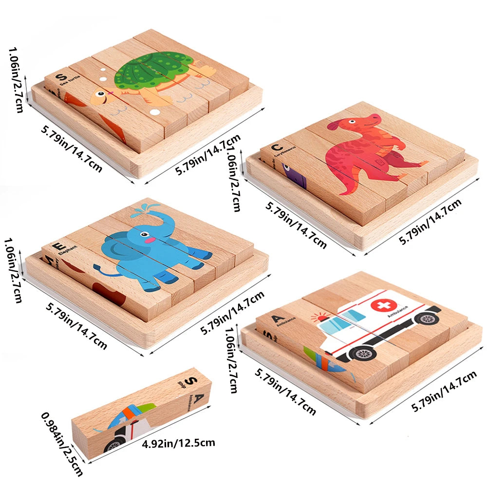 4-in-1 Mntessori 3D Wooden Animal & Transport Block Puzzle