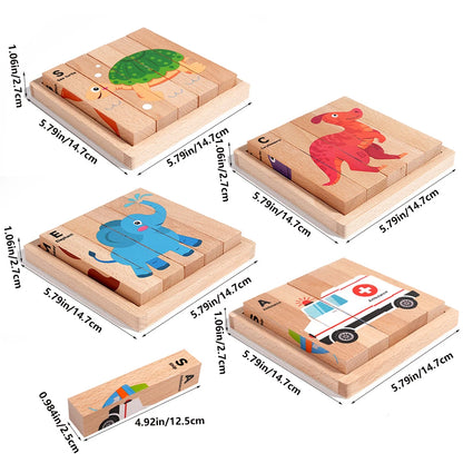 4-in-1 Mntessori 3D Wooden Animal & Transport Block Puzzle
