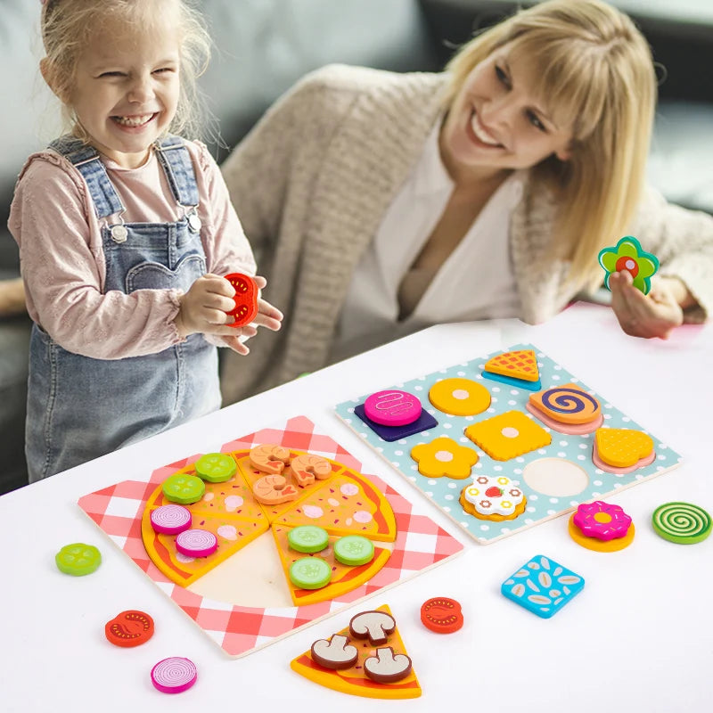 Wooden Montessori Kids Pizza & Cookie Cutting Toy Set – Pretend Play Kitchen Food Simulation
