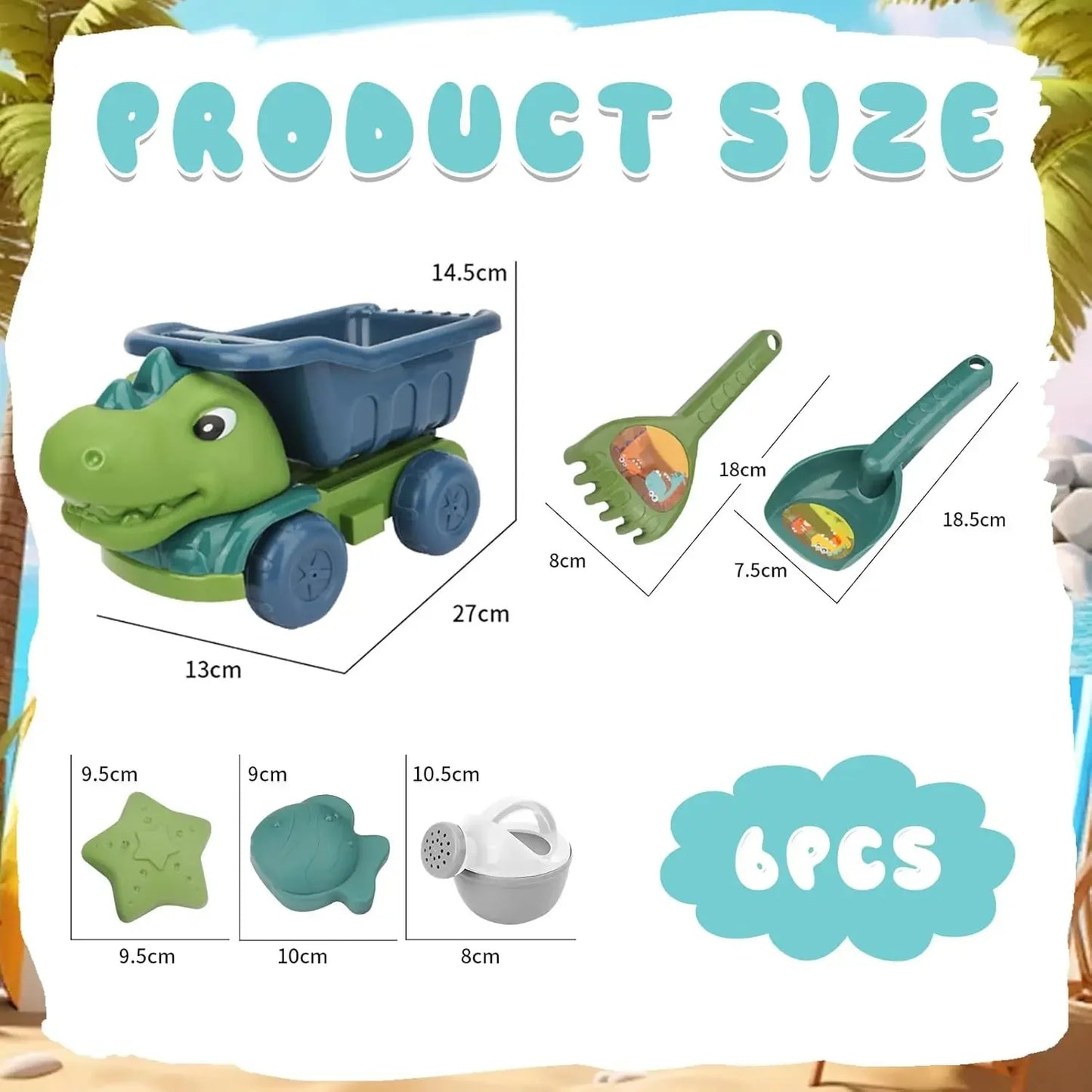 Dinosaur Beach Toy Car & Shovel Set, Sand Toys with Hourglass Dredger Fun Beach Activity
