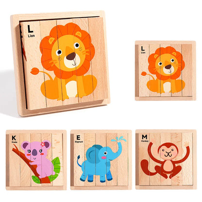 4-in-1 Mntessori 3D Wooden Animal & Transport Block Puzzle
