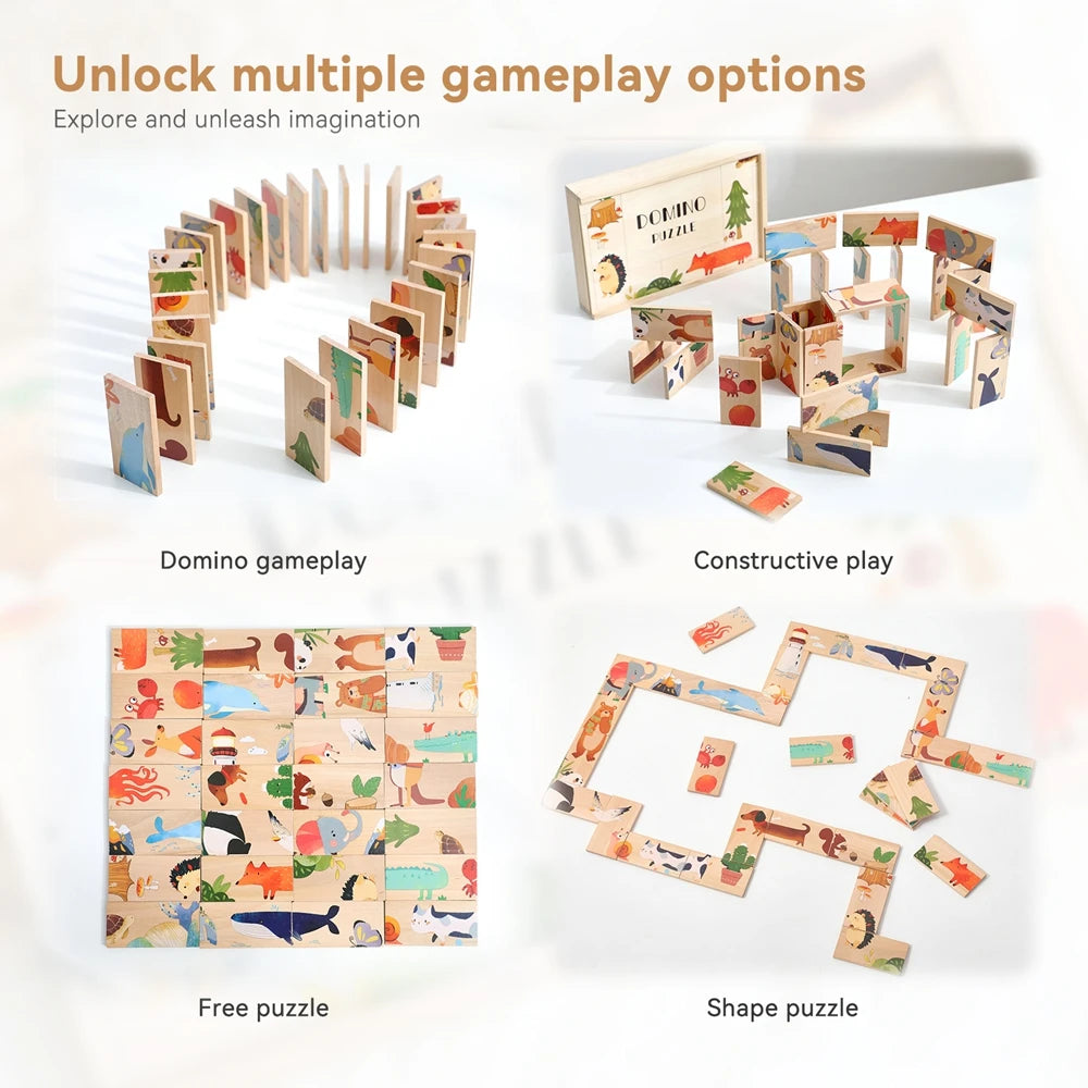 Wooden Cartoon Animal Domino & Puzzle Stack Blocks – Educational Montessori Toy