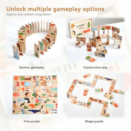 Wooden Cartoon Animal Domino & Puzzle Stack Blocks – Educational Montessori Toy